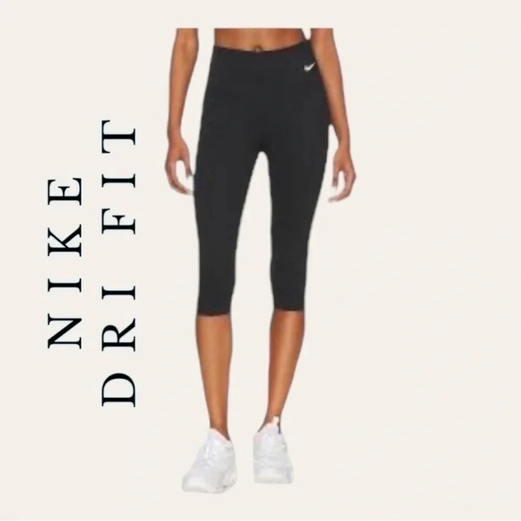 0507W. NIKE‎ DRI FIT MID RISE CAPRIS BLACK IN COLOR SZ SMALL EMBROIDERED LOGO - Picture 1 of 10